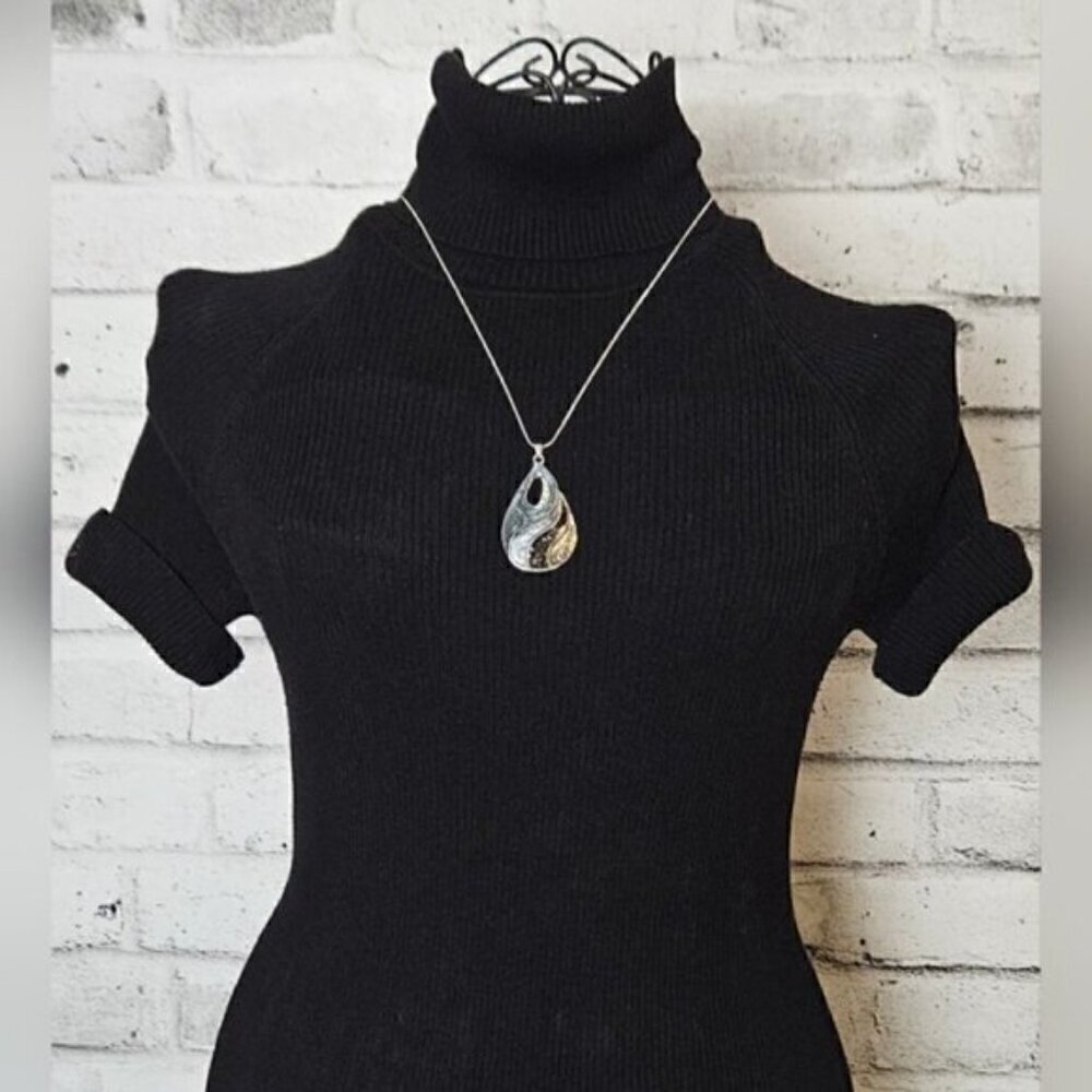 Gold & Silver Tone Teardrop Pendant Necklace w/ Layered Resin Inlay